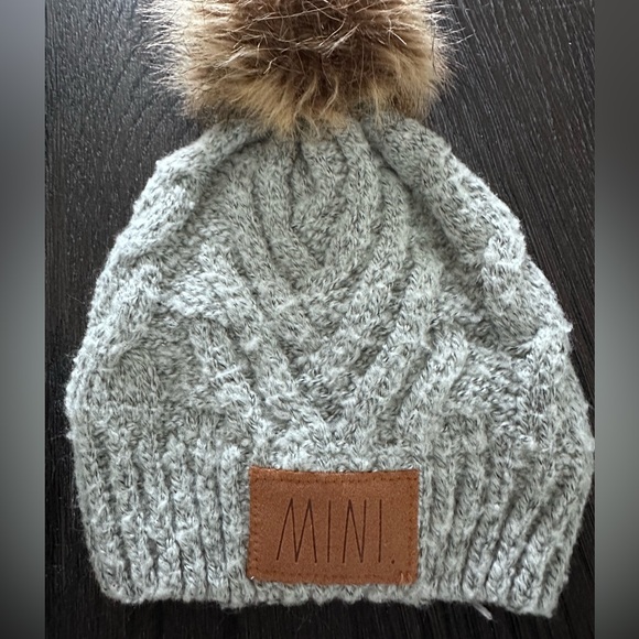 Rae Dunn Gray Knit Beanie Set with Brown Pom-Poms Mama & Mini - Picture 3 of 6
